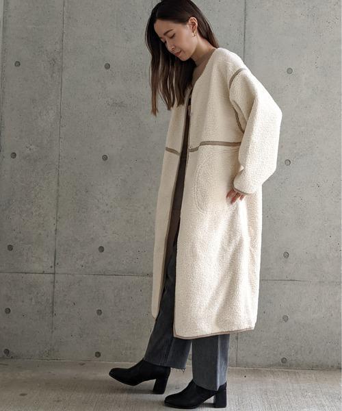 Per sist ence/パーシエンス　ボアパイピング×フェイクムートン リバーシブルノーカラーコート