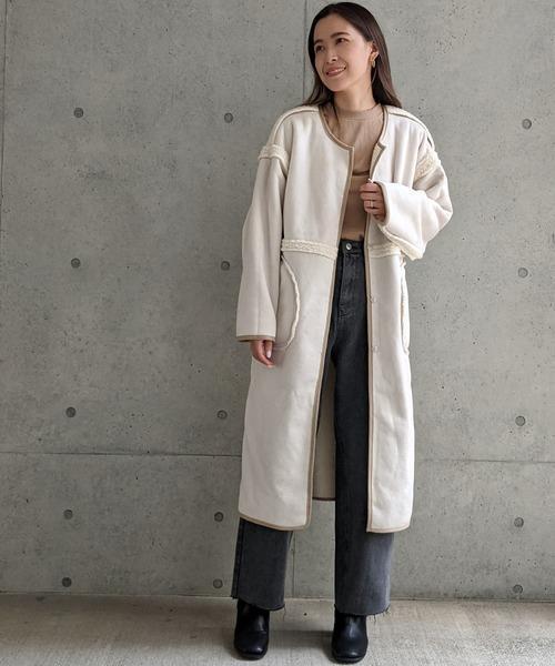 Per sist ence/パーシエンス　ボアパイピング×フェイクムートン リバーシブルノーカラーコート