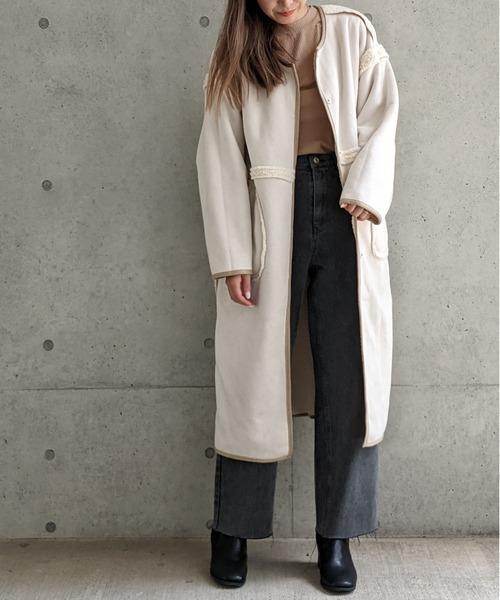 Per sist ence/パーシエンス　ボアパイピング×フェイクムートン リバーシブルノーカラーコート