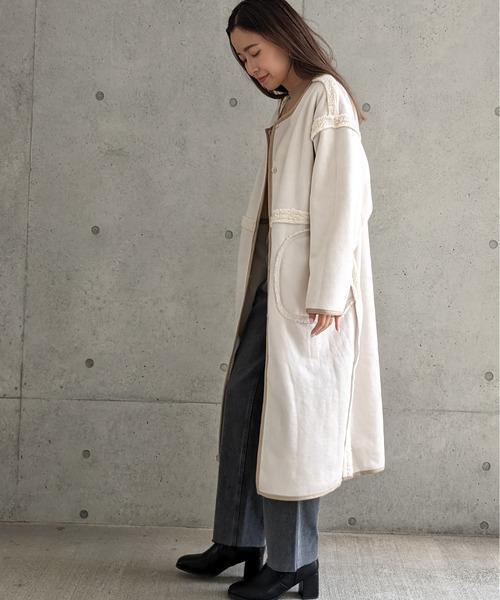 Per sist ence/パーシエンス　ボアパイピング×フェイクムートン リバーシブルノーカラーコート