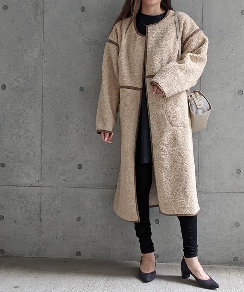 Per sist ence/パーシエンス　ボアパイピング×フェイクムートン リバーシブルノーカラーコート