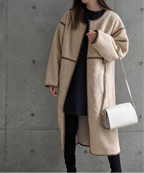 Per sist ence/パーシエンス　ボアパイピング×フェイクムートン リバーシブルノーカラーコート